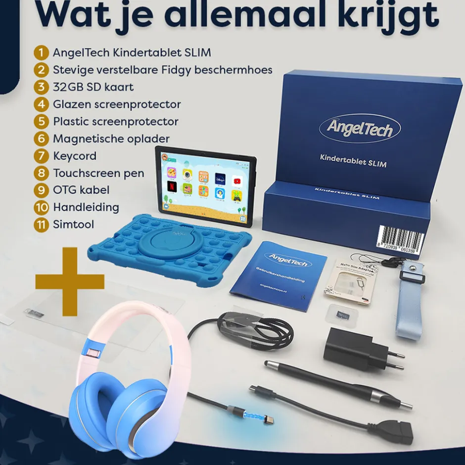 AngelTech Kinderpakket SLIM - Kindertablet + Kinderkoptelefoon< Tablets