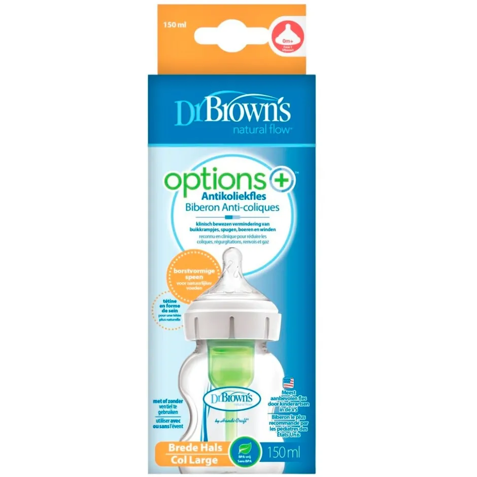 Dr. Brown's Options+ 1+M Antikoliekfles met Brede Hals< Babyflesjes