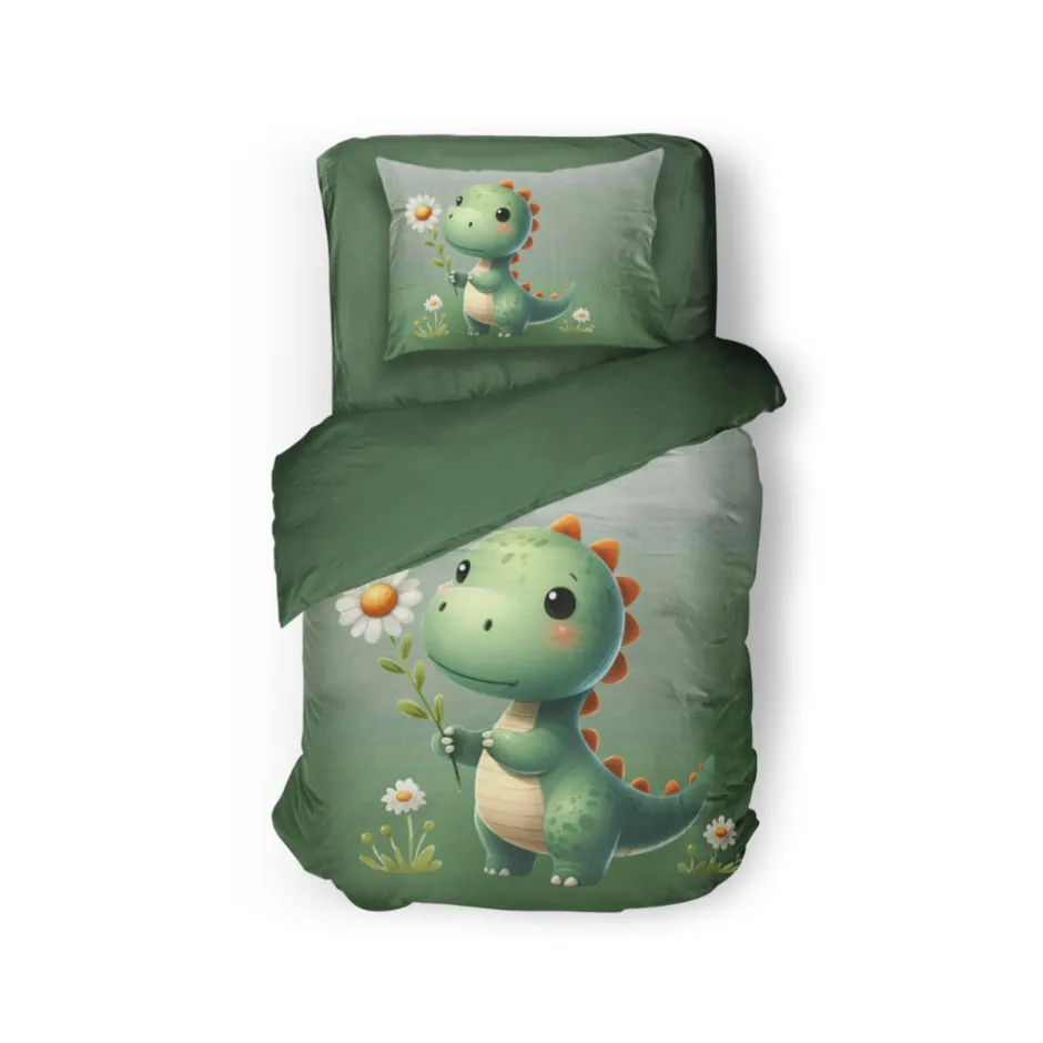 Eleganzzz Kinder Dekbedovertrek Micropercal Sleeposaurus - green 140x220/240cm< Slapen