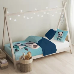 Eleganzzz Kinder Dekbedovertrek Micropercal Panda Power - blue 140x220/240cm| Best