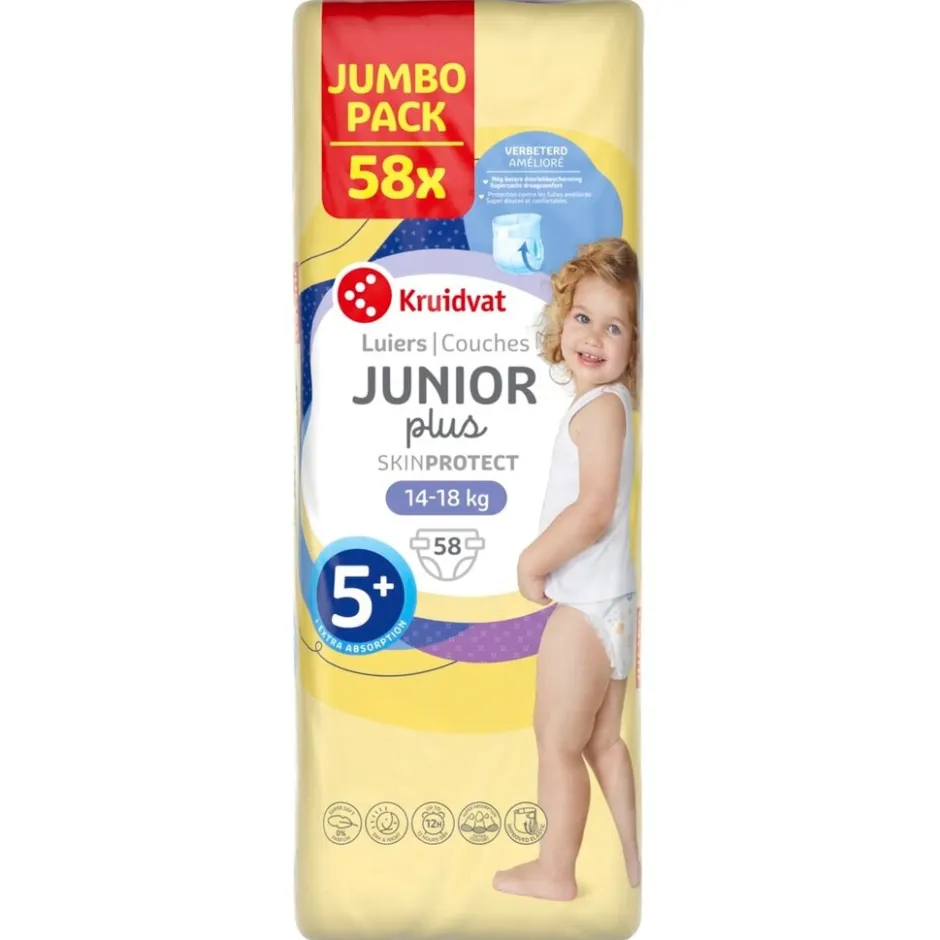 Kruidvat Junior Plus Maat 5+ Luiers Jumbopack< Luiers Maat 5