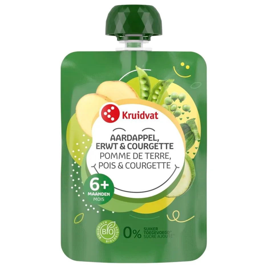Kruidvat 6+M Bio Aardappel, Erwt & Courgette Knijpzakje< Fruithapjes