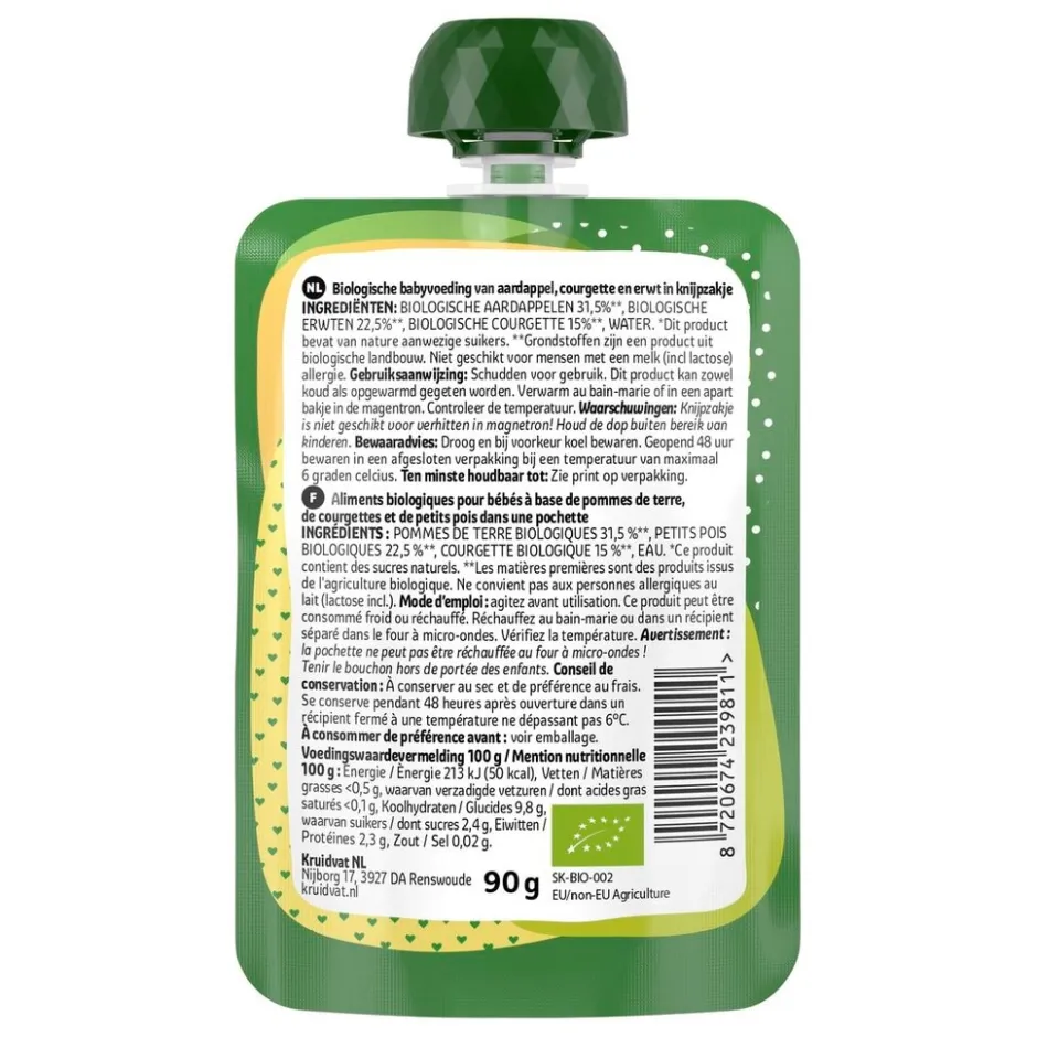 Kruidvat 6+M Bio Aardappel, Erwt & Courgette Knijpzakje< Fruithapjes