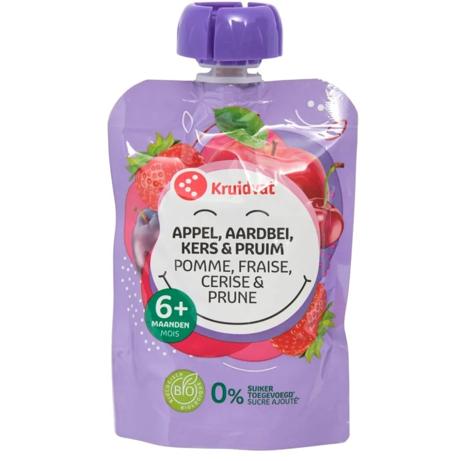 6+M Bio Appel, Aardbei, Kers en Pruim Knijpzakje|Kruidvat Outlet