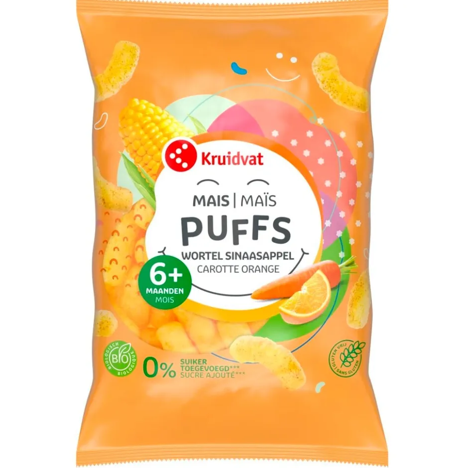 Kruidvat 6+M Bio Sinaasappel en Wortel Maïspuffs< Babytussendoortjes