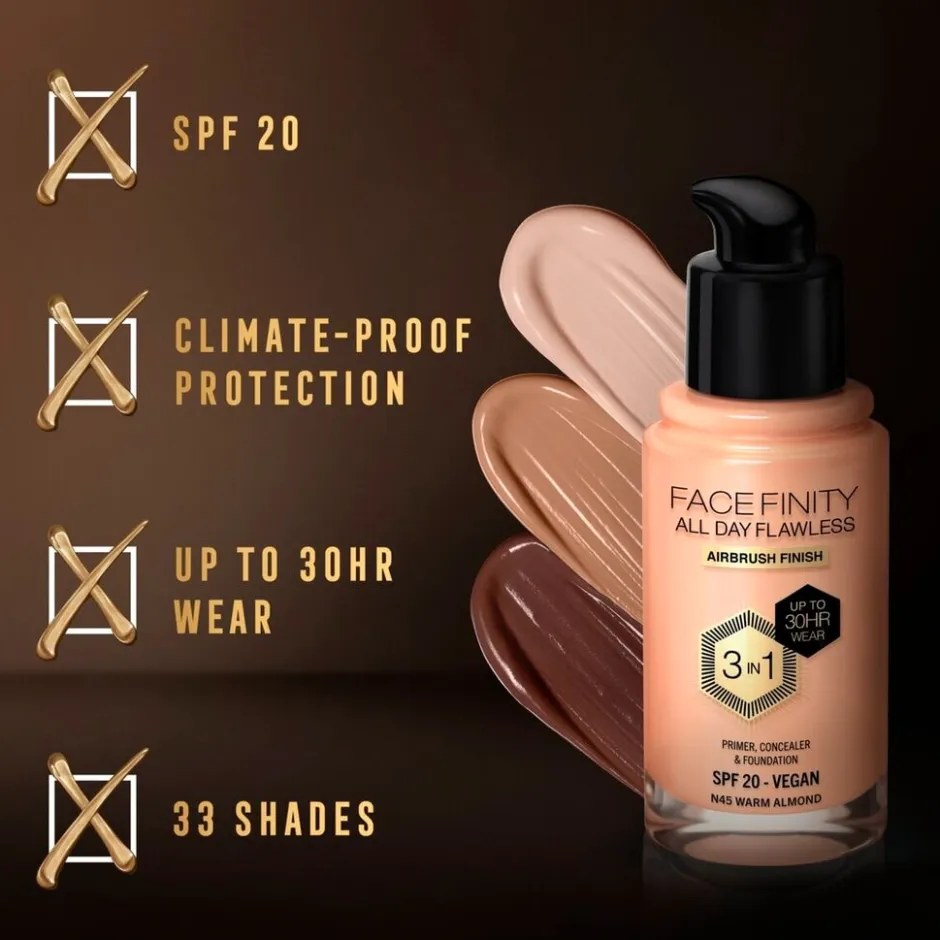 Facefinity All Day Flawless N45 Warm Almond Foundation|Max Factor
