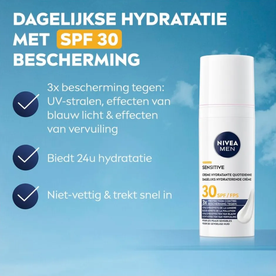 Nivea Men SPF30 Sensitive Dagelijkse Beschermende Hydraterende Crème< Gezichtscreme Mannen