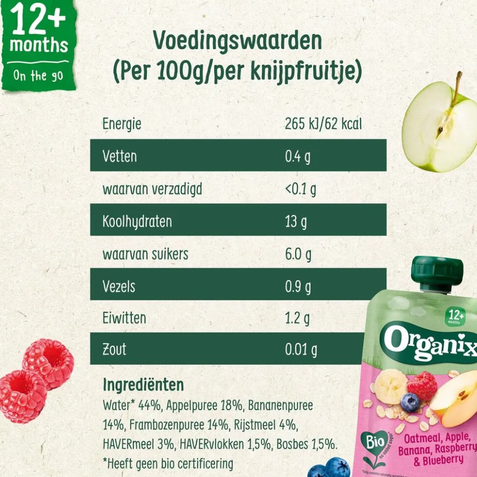 Organix 12+M Haver, Appel, Banaan, Aardbei & Bosbes Knijpfruit< Fruithapjes