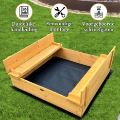 Rijoka Houten Zandbak 2 Banken Inclusief Grondzeil Inklapbaar 127x127< Zandbakken