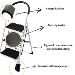 Rijoka Huishoudtrap Inklapbaar 3 Treden Anti Slip Treden Sponge Handgrepen< Keukentrappen