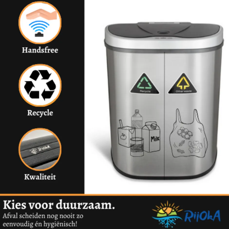 Rijoka Prullenbak met Sensor Dubbel 70 Liter RVS Soft Close Vingerafdrukvrij| Online