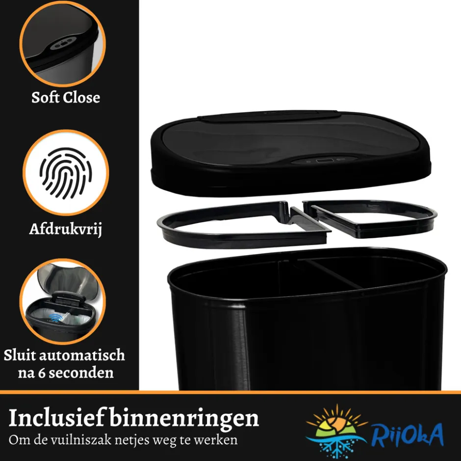 Rijoka Prullenbak Sensor Dubbel 50 Liter Recycle Soft Close Vingerafdrukvrij| Outlet
