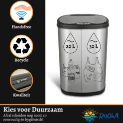 Rijoka Prullenbak Sensor Dubbel 50 Liter RVS Soft Close Vingerafdrukvrij| Best