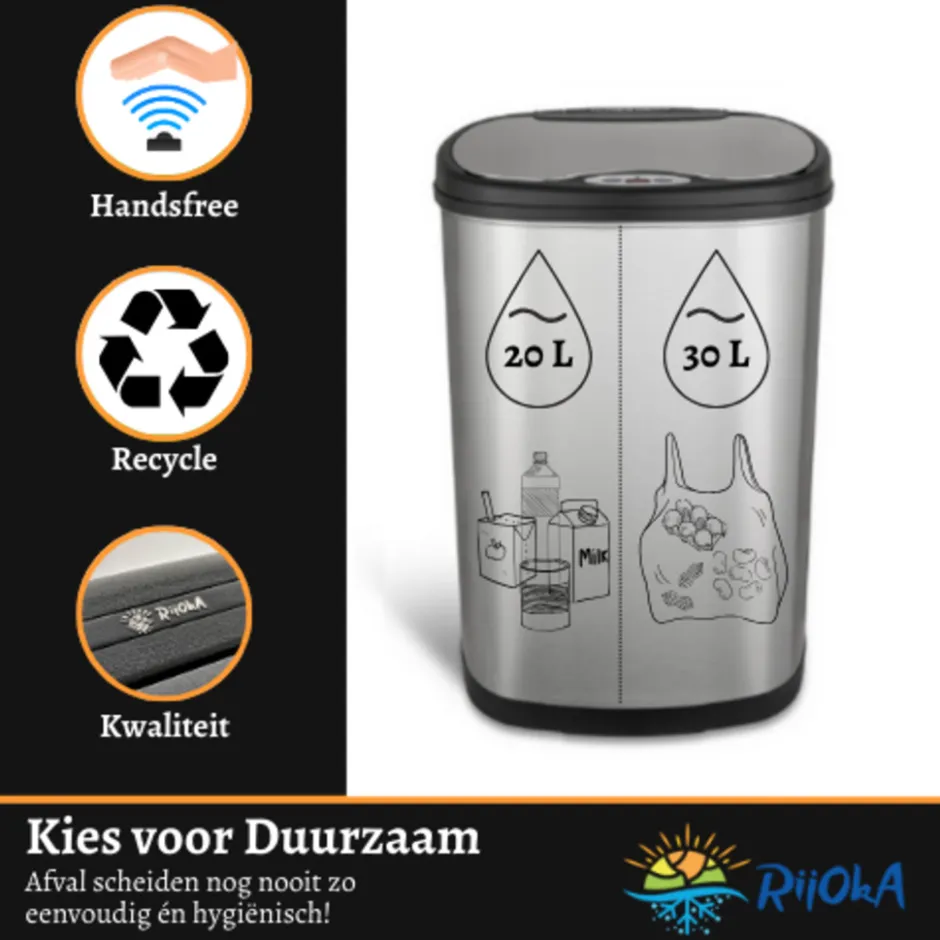 Rijoka Prullenbak Sensor Dubbel 50 Liter RVS Soft Close Vingerafdrukvrij| Best