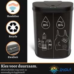 Rijoka Prullenbak Sensor Dubbel 70 Liter Recycle RVS Soft Close Vingerafdrukvrij< Prullenbakken