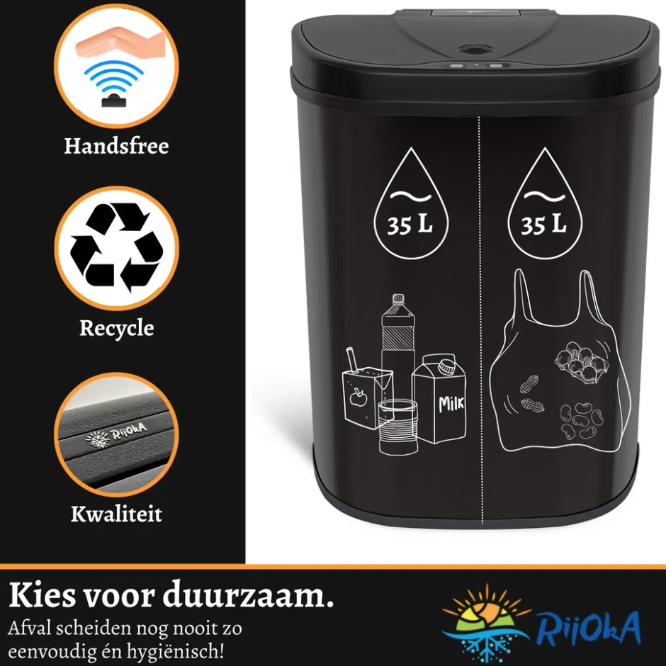 Rijoka Prullenbak Sensor Dubbel 70 Liter Recycle RVS Soft Close Vingerafdrukvrij< Prullenbakken