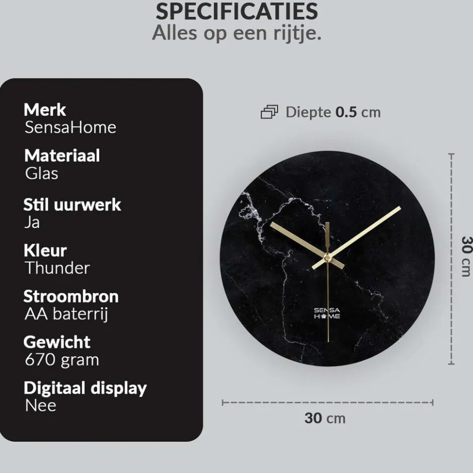 SensaHome Glazen Wandklok 30cm Minimalistische Marmeren Design met Stille uurwerk< Woonaccessoires