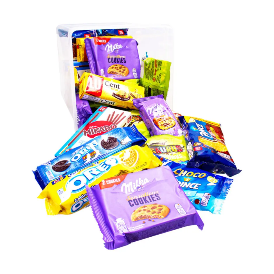LU Vieruurtjes XL koekjespakket met chocolade: Milka, , Prince, Oreo, Mikado & Lotus Dino< Koek
